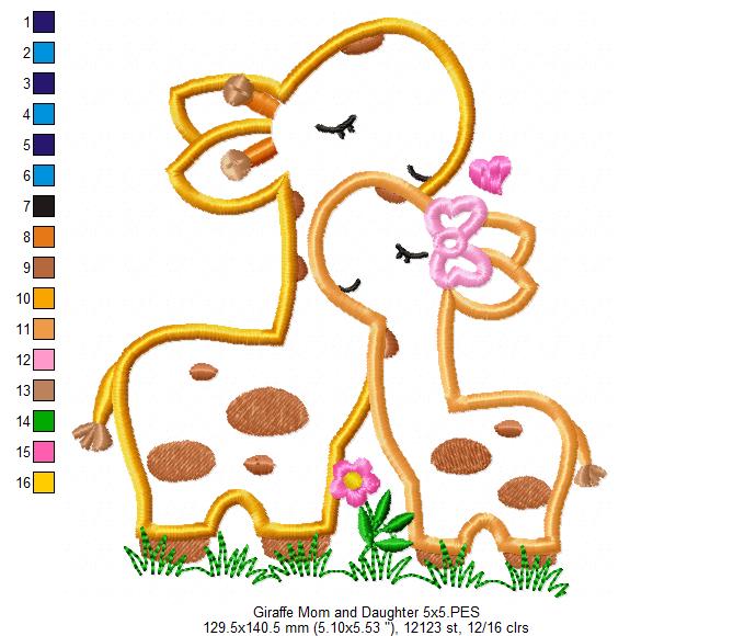 Matriz de Bordado Mamãe e Filhote de Girafa com Laço – Aplique