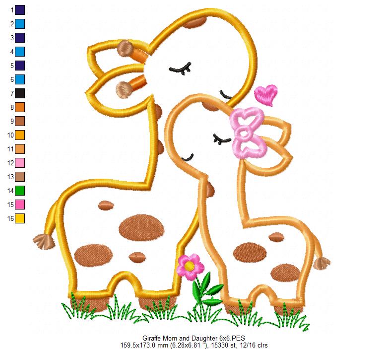 Matriz de Bordado Mamãe e Filhote de Girafa com Laço – Aplique