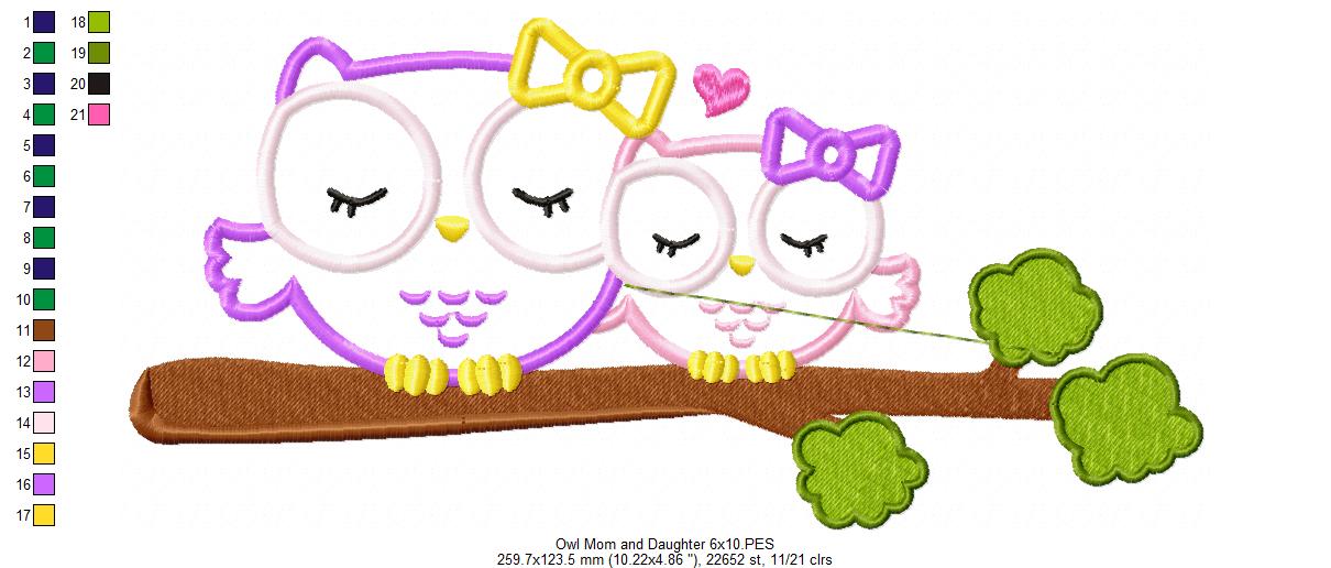 Matriz de Bordado Corujinha Mamãe e Filha - Aplique