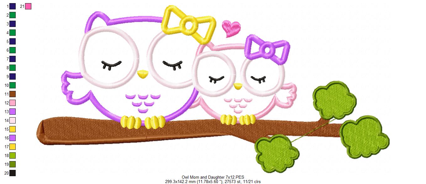 Matriz de Bordado Corujinha Mamãe e Filha - Aplique