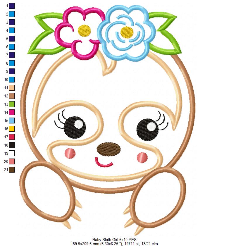 Matriz de Bordado Preguiça Fofinha com Tiara Floral – Aplique