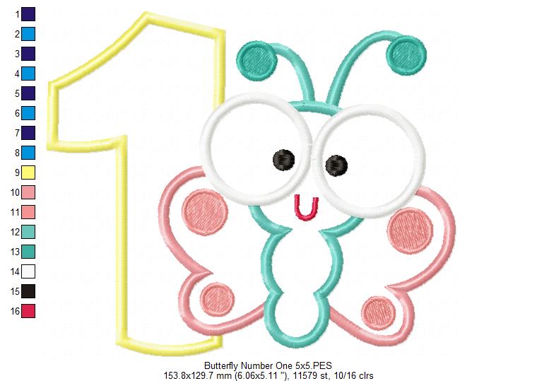 Matriz de Bordado Borboleta Baby com Número 1 – Aplique
