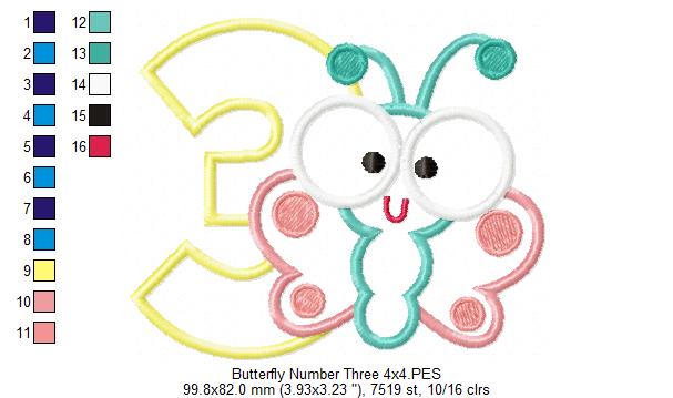 Matriz de Bordado Borboleta Baby com Número 3 – Aplique