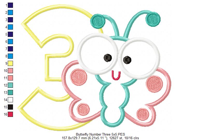 Matriz de Bordado Borboleta Baby com Número 3 – Aplique