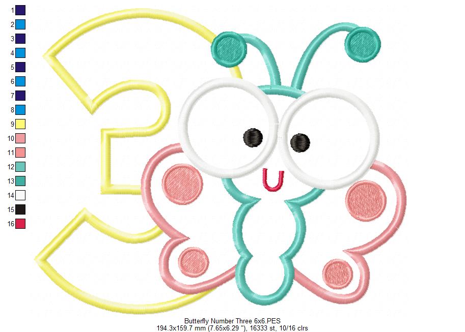 Matriz de Bordado Borboleta Baby com Número 3 – Aplique