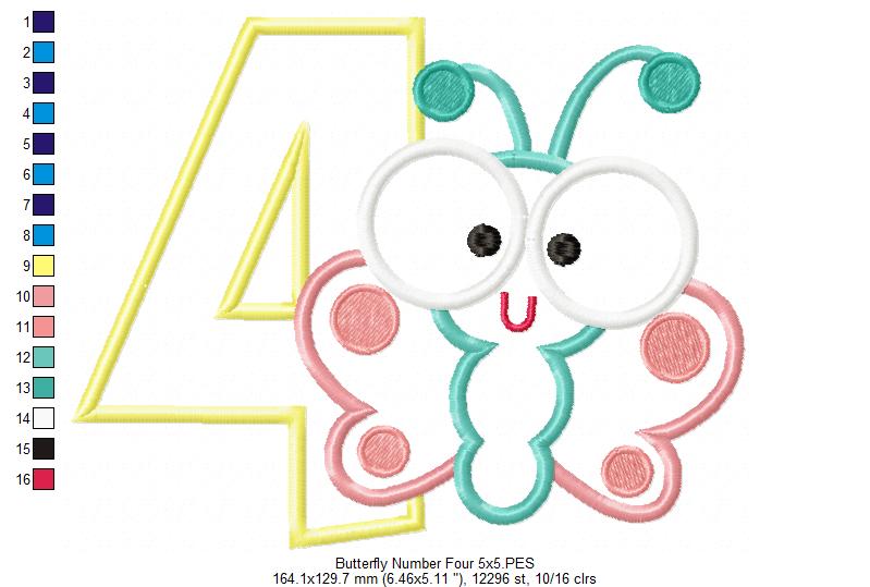 Matriz de Bordado Borboleta Baby com Número 4 – Aplique