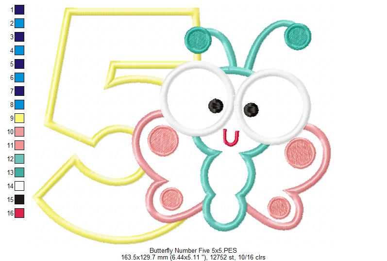 Matriz de Bordado Número 5 com Borboleta Baby – Aplique