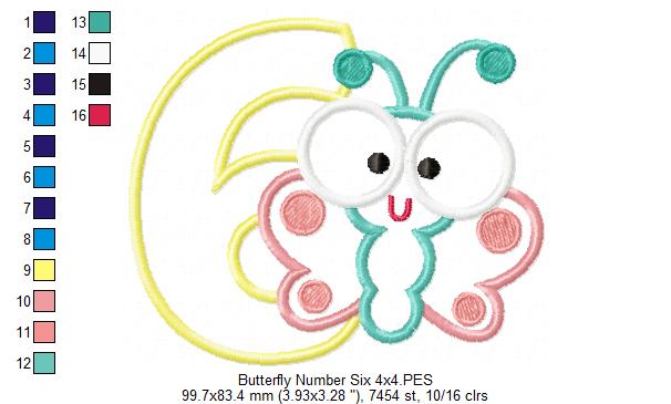 Matriz de Bordado Número 6 com Borboleta Baby – Aplique