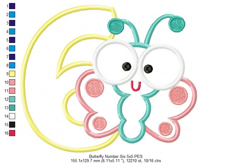 Matriz de Bordado Número 6 com Borboleta Baby – Aplique