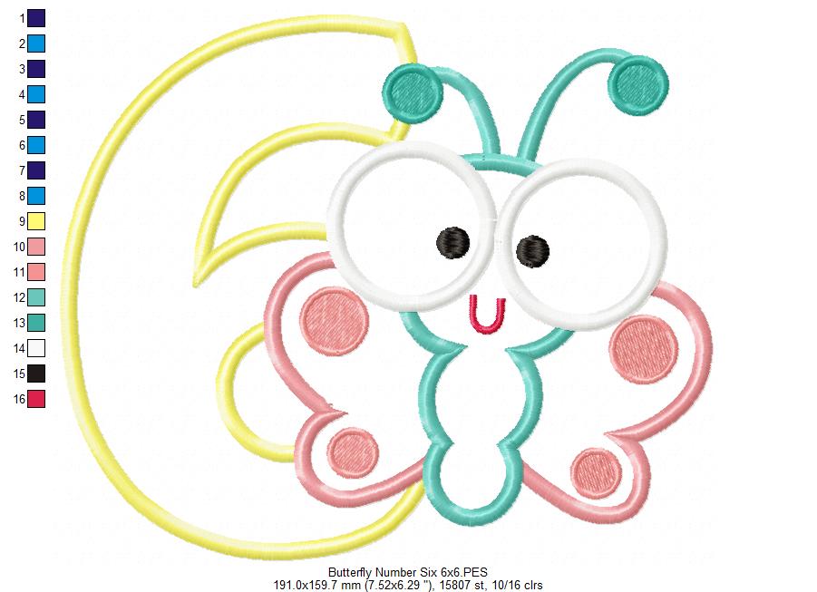 Matriz de Bordado Número 6 com Borboleta Baby – Aplique