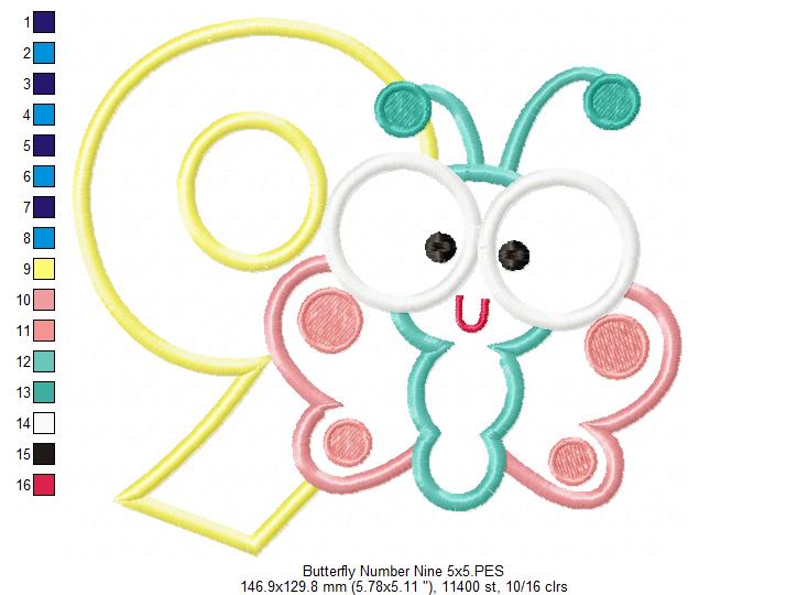 Matriz de Bordado Número 9 com Borboletinha Fofa – Aplique