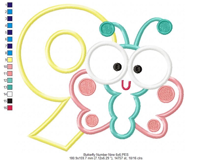 Matriz de Bordado Número 9 com Borboletinha Fofa – Aplique