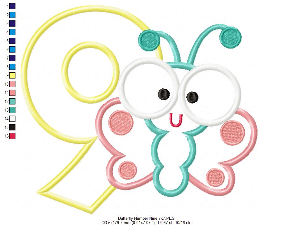 Matriz de Bordado Número 9 com Borboletinha Fofa – Aplique