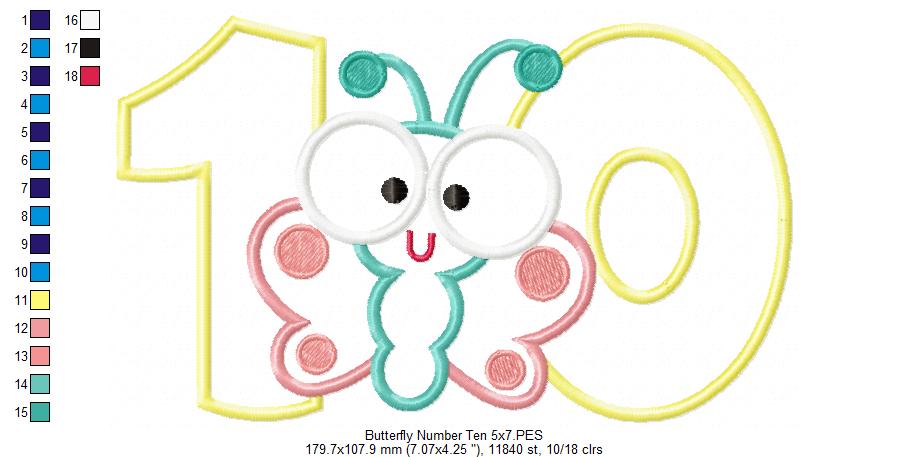 Matriz de Bordado Número 10 com Borboletinha Fofa – Aplique