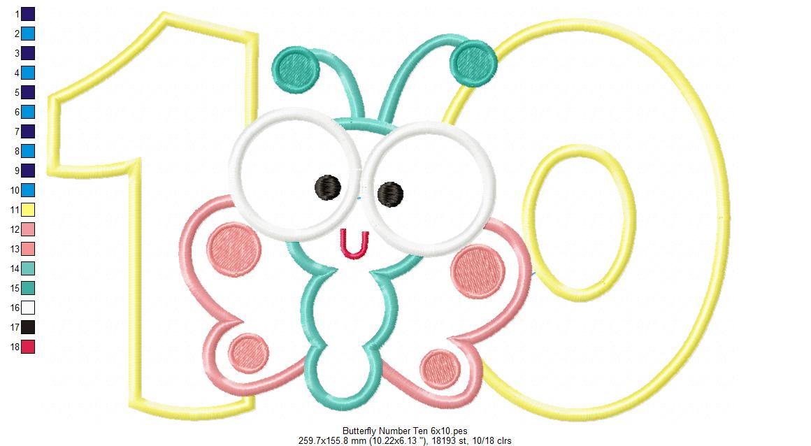Matriz de Bordado Número 10 com Borboletinha Fofa – Aplique