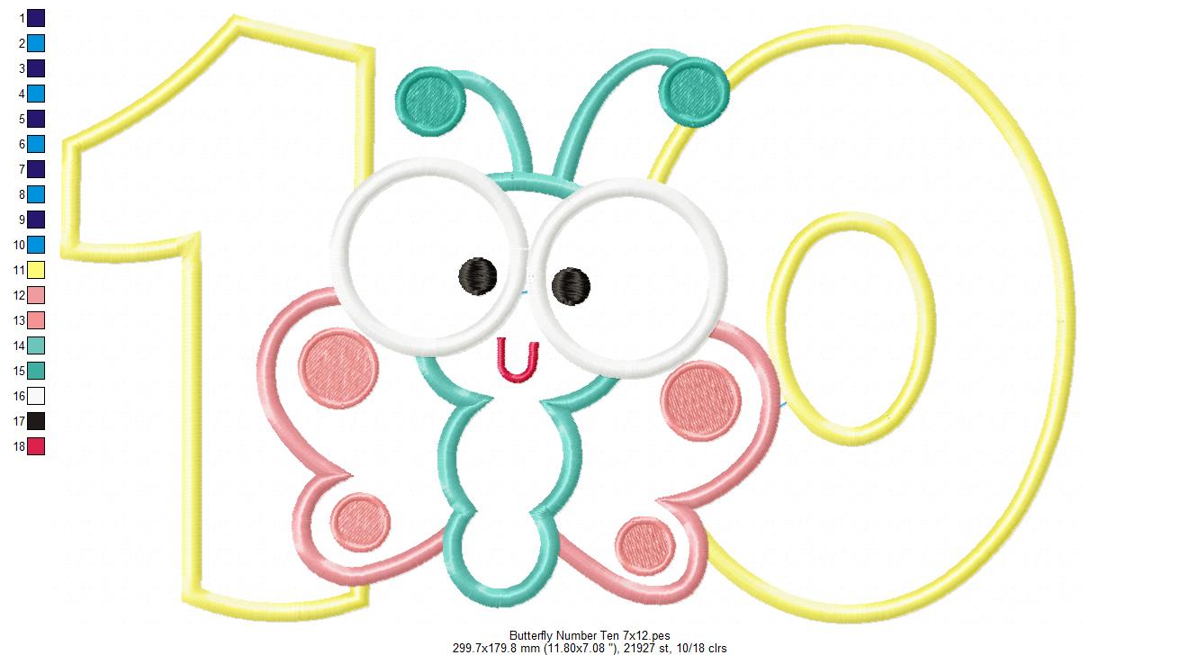 Matriz de Bordado Número 10 com Borboletinha Fofa – Aplique