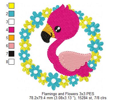 Matriz de Bordado Flamingo Charmoso em Moldura de Flores – Ponto Cheio