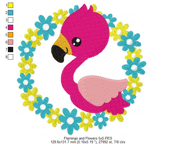 Matriz de Bordado Flamingo Charmoso em Moldura de Flores – Ponto Cheio