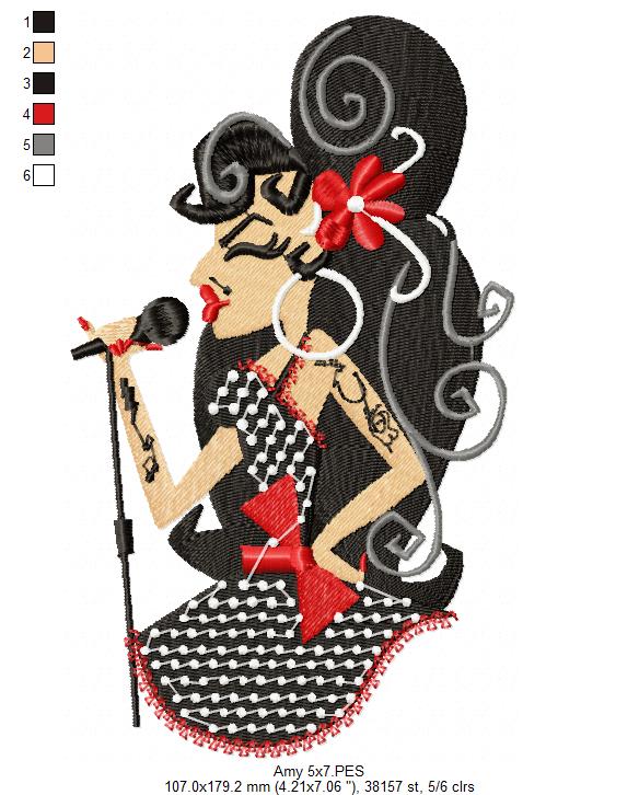 Matriz de Bordado Diva do Jazz com Flor Vermelha – Ponto Cheio