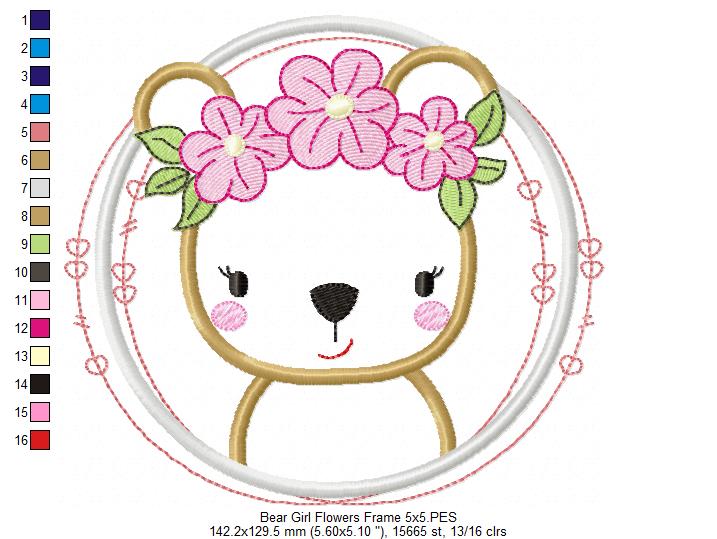 Matriz de Bordado Ursinha com Flores na Moldura – Aplique