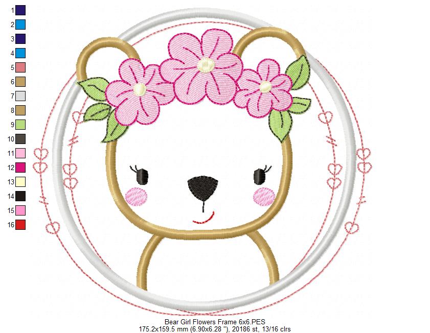 Matriz de Bordado Ursinha com Flores na Moldura – Aplique