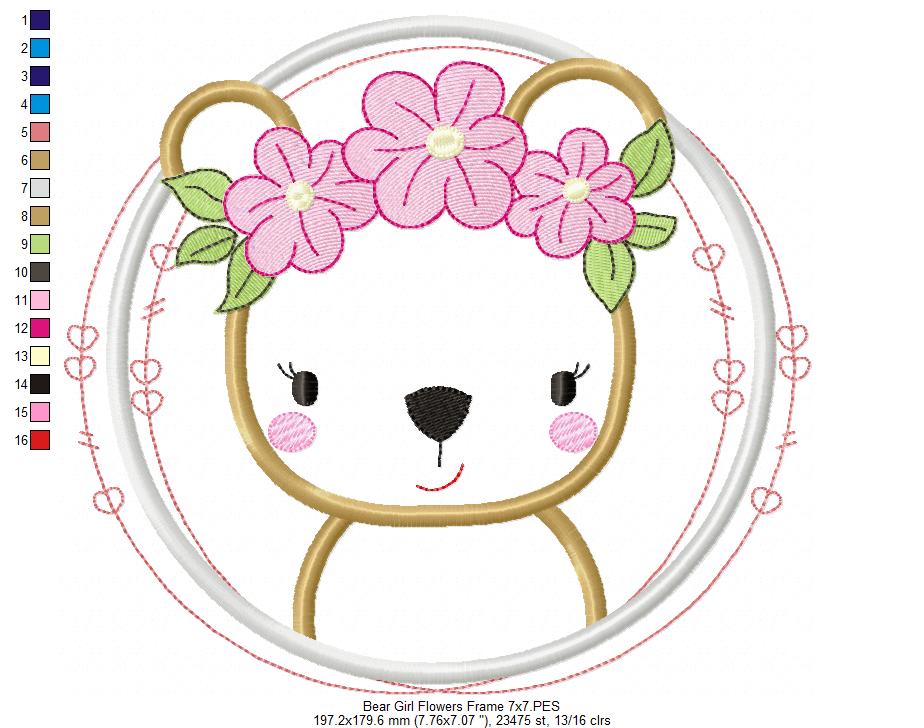 Matriz de Bordado Ursinha com Flores na Moldura – Aplique
