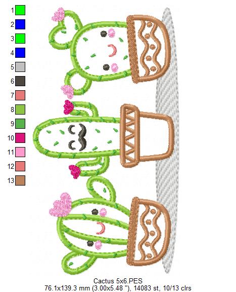 Matriz de Bordado Vasos com Cactos Divertidos – Aplique