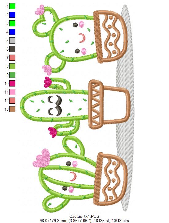 Matriz de Bordado Vasos com Cactos Divertidos – Aplique