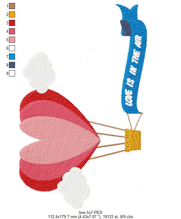 Matriz de Bordado Balão Coração com Faixa “Love is in the Air” – Ponto Cheio