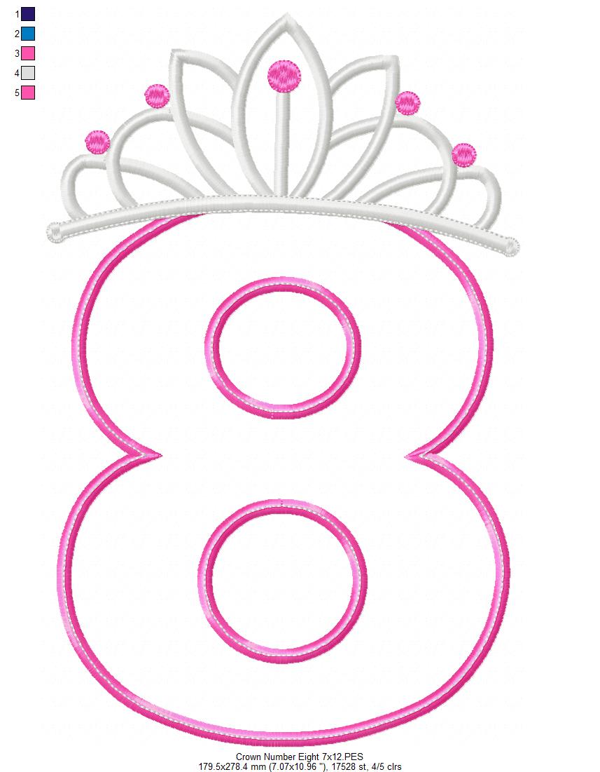 Matriz de Bordado Número 8 com Coroa de Princesa – Aplique