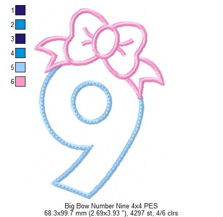 Matriz de Bordado Número 9 com Laço Fofo – Aplique