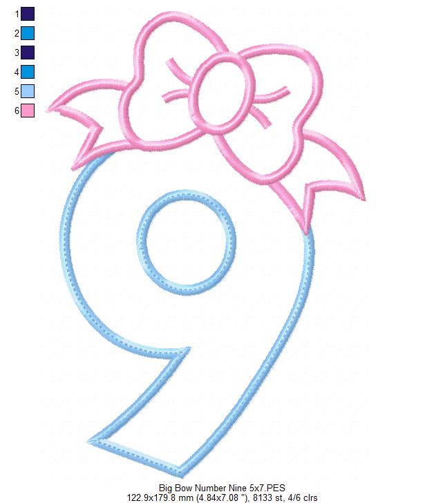 Matriz de Bordado Número 9 com Laço Fofo – Aplique