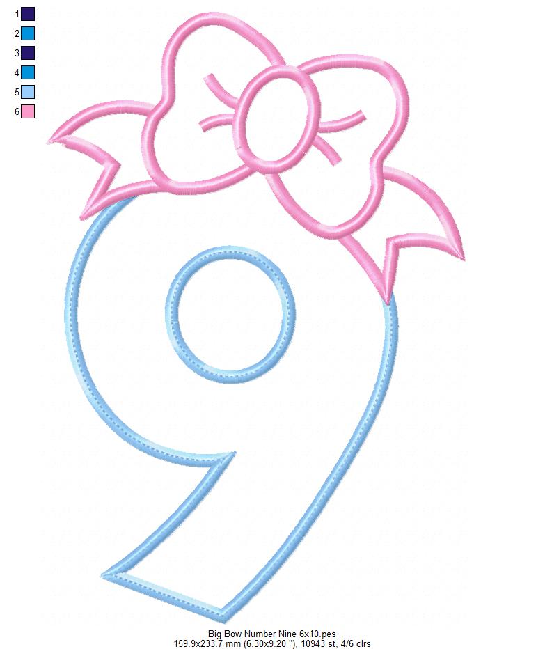 Matriz de Bordado Número 9 com Laço Fofo – Aplique