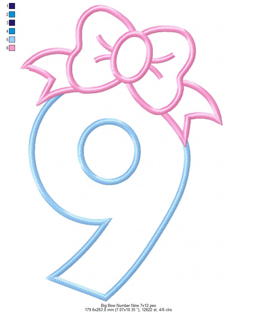 Matriz de Bordado Número 9 com Laço Fofo – Aplique