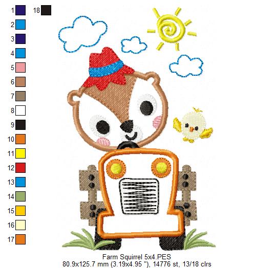 Matriz de Bordado Fazendinha com Esquilo e Trator – Aplique