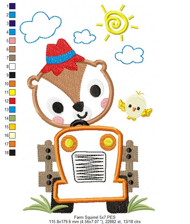 Matriz de Bordado Fazendinha com Esquilo e Trator – Aplique