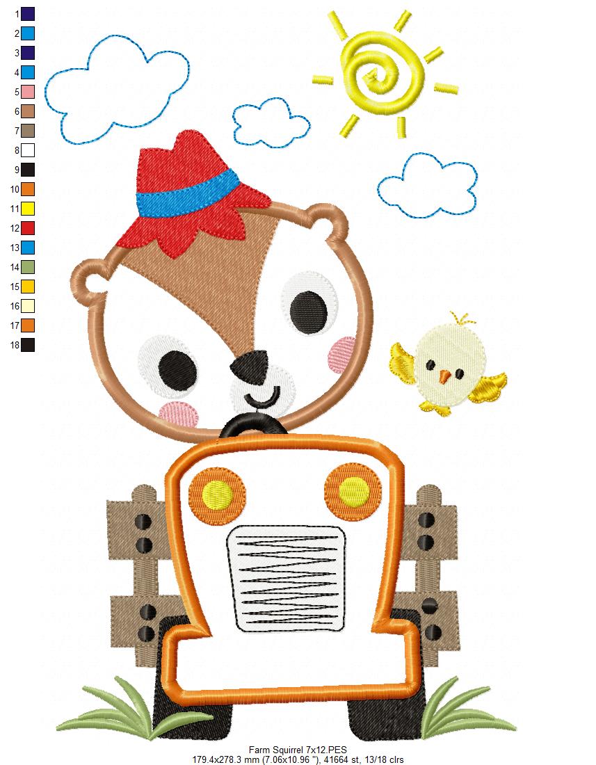 Matriz de Bordado Fazendinha com Esquilo e Trator – Aplique