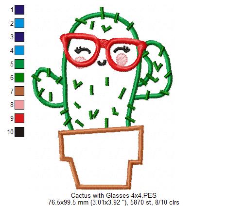 Matriz de Bordado Cacto Divertido com Óculos – Aplique
