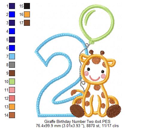 Matriz de Bordado Número 2 com Girafa e Balão – Ponto Aplique