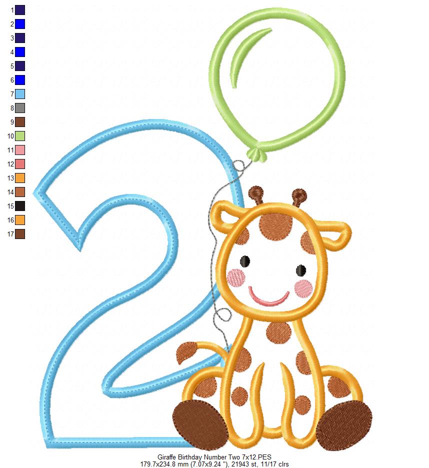 Matriz de Bordado Número 2 com Girafa e Balão – Ponto Aplique
