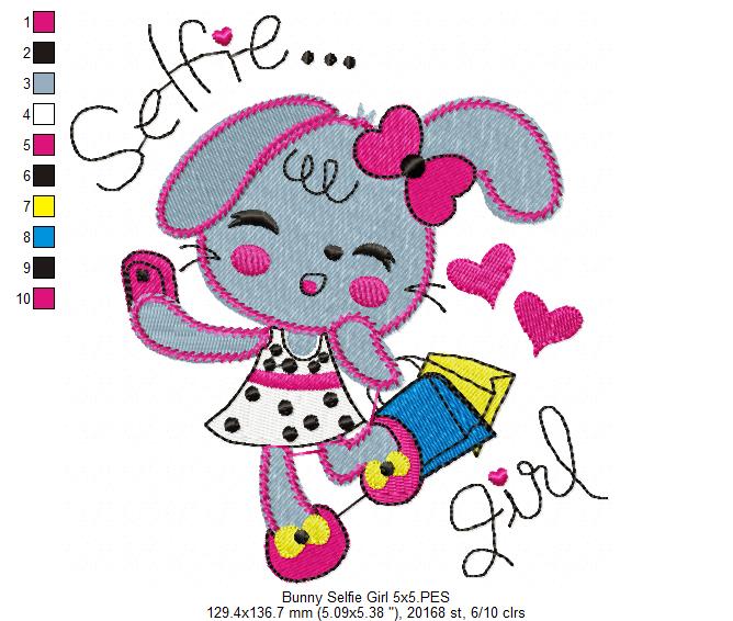 Matriz de Bordado Coelhinha Selfie Girl – Ponto Cheio