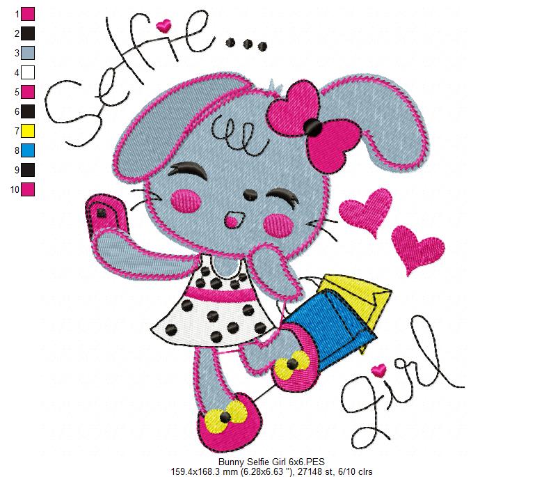 Matriz de Bordado Coelhinha Selfie Girl – Ponto Cheio