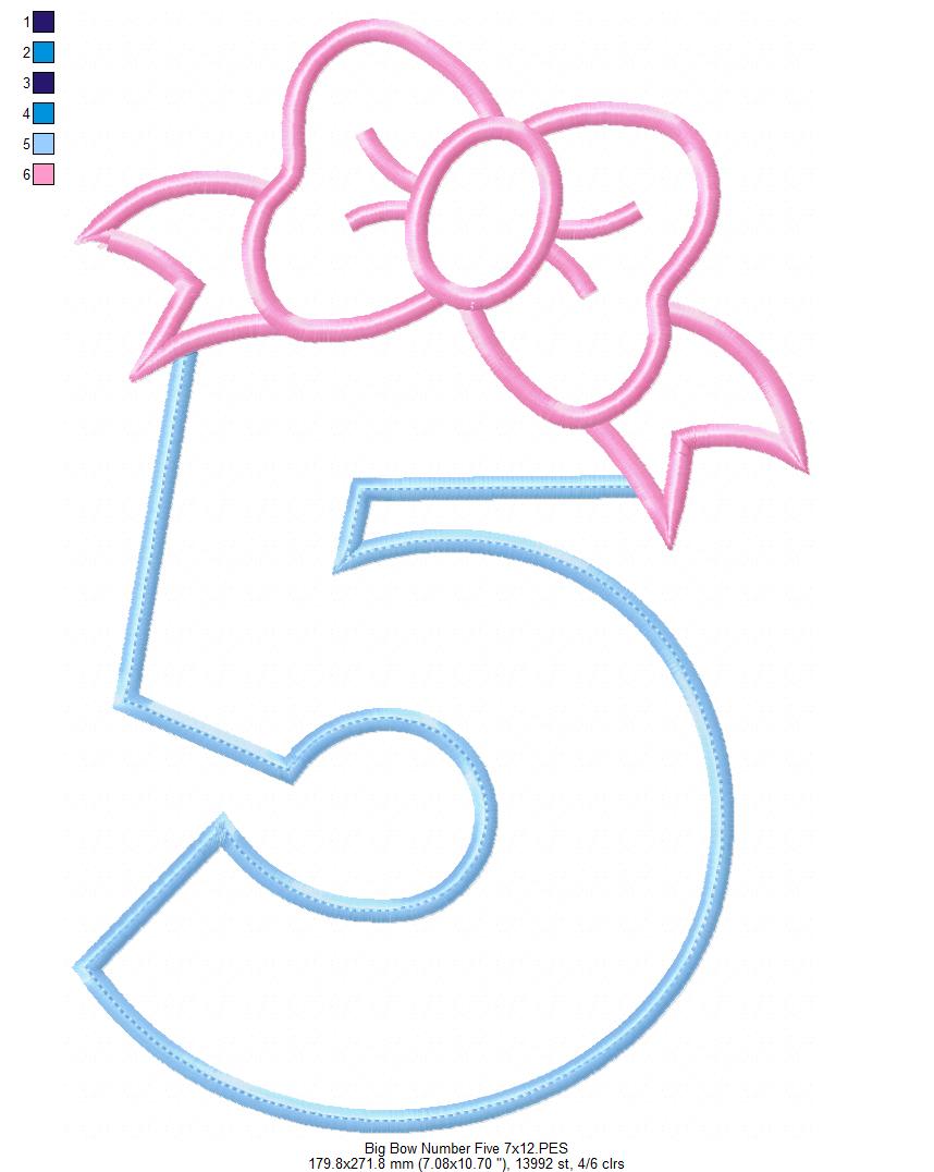 Matriz de Bordado Número 5 com Lacinho Fofo – Ponto Aplique