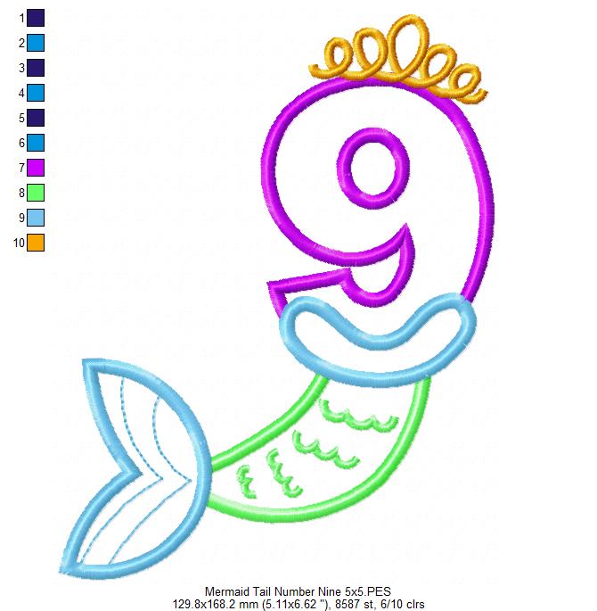 Matriz de Bordado Número 9 com Calda de Sereia – Ponto Aplique