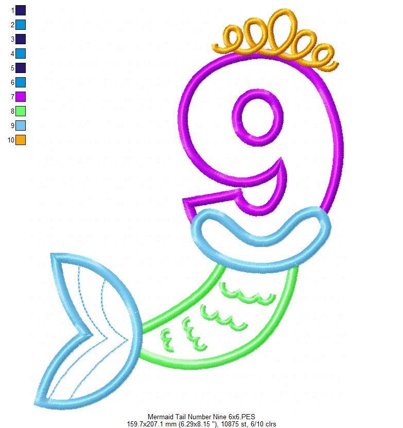 Matriz de Bordado Número 9 com Calda de Sereia – Ponto Aplique