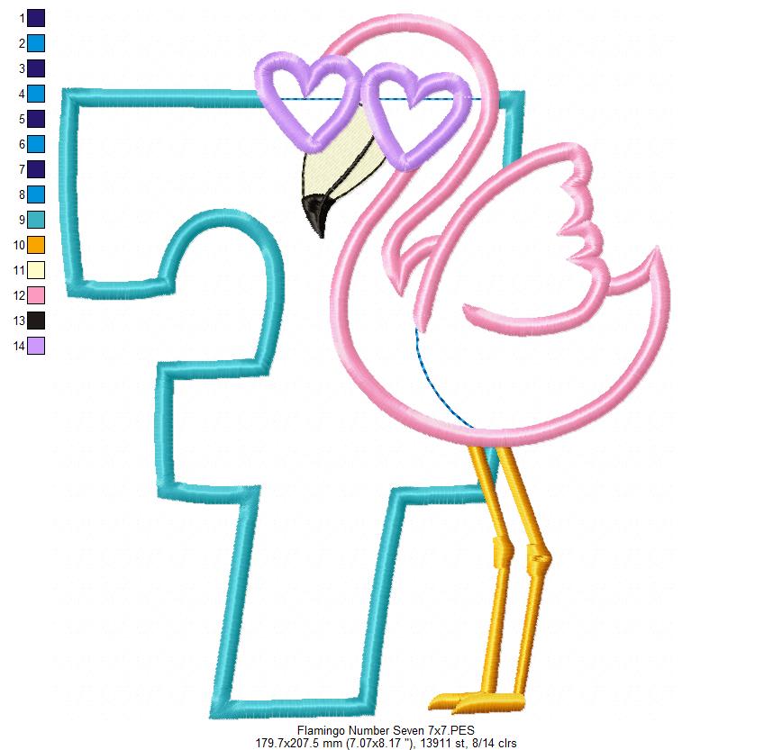 Matriz de Bordado Número 7 Tropical com Flamingo Fofo – Ponto Aplique