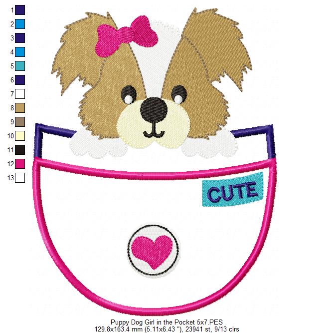 Matriz de Bordado Cachorrinha Fofa no Bolso – Ponto Aplique