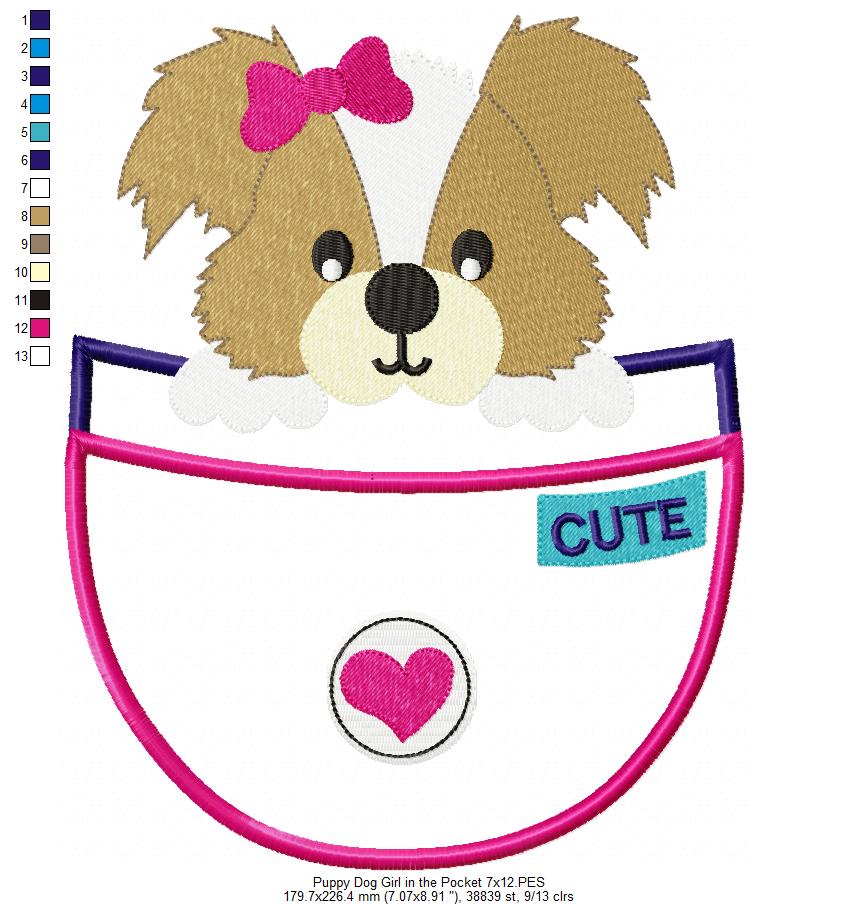 Matriz de Bordado Cachorrinha Fofa no Bolso – Ponto Aplique