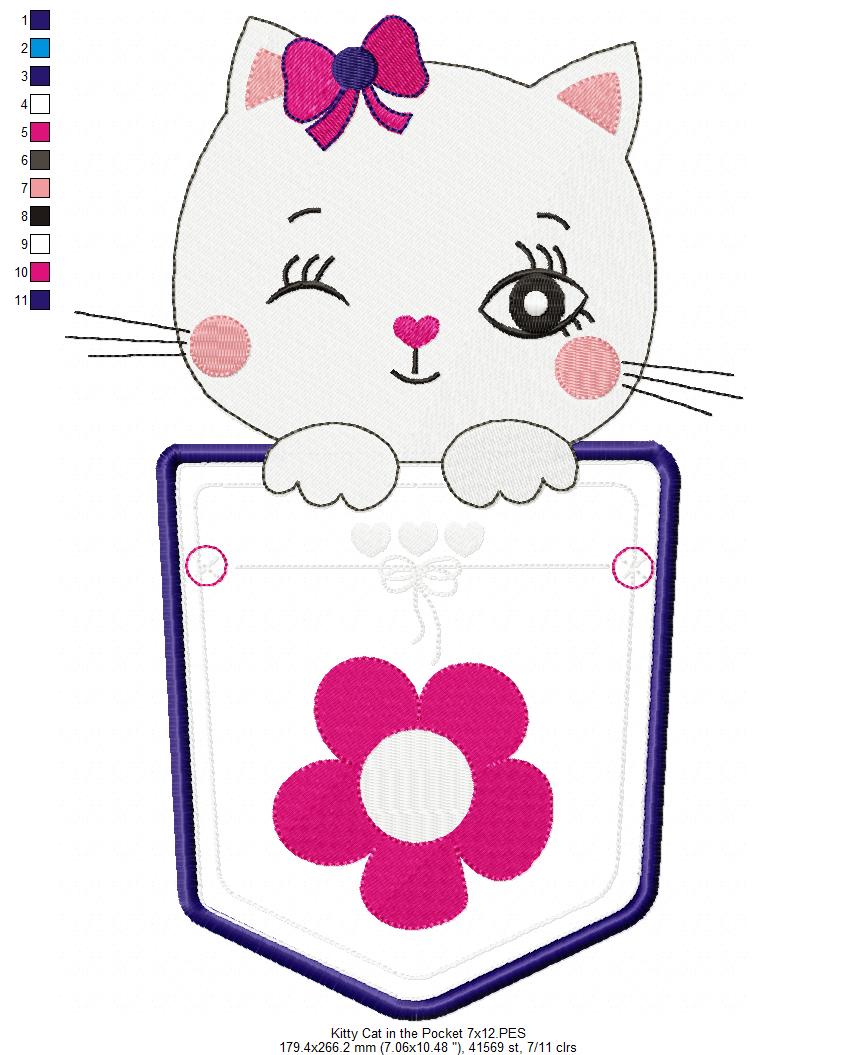 Matriz de Bordado Gatinha Charmosa com Laço e Bolso Floral – Aplique