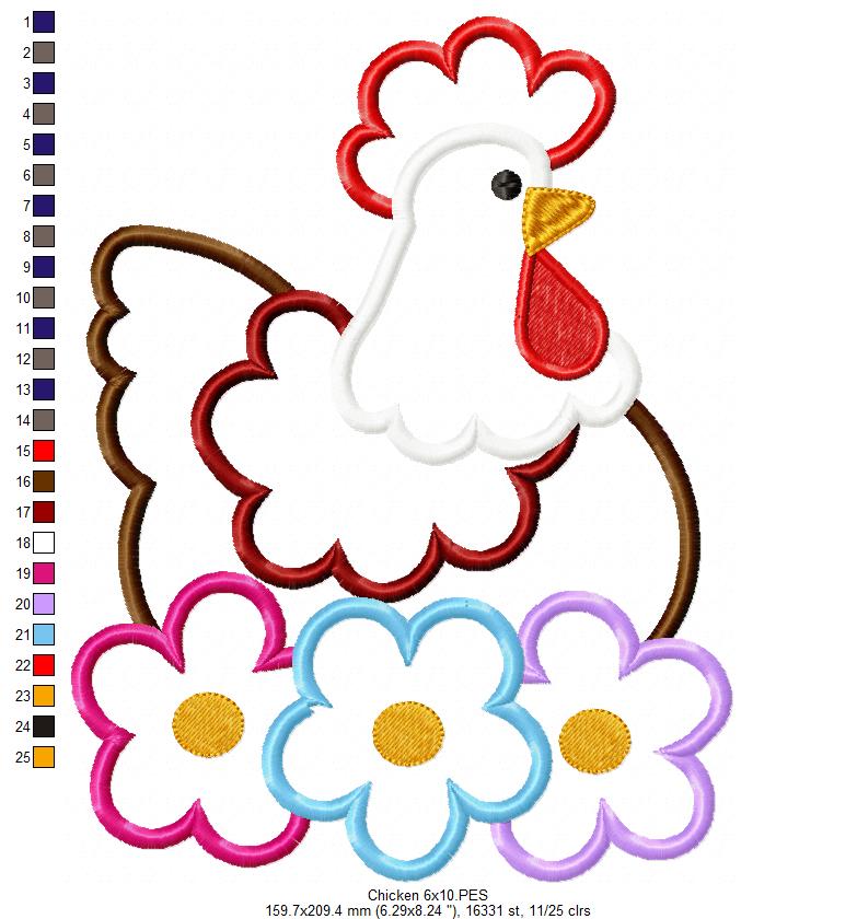 Matriz de Bordado Galinha com Flores – Aplique